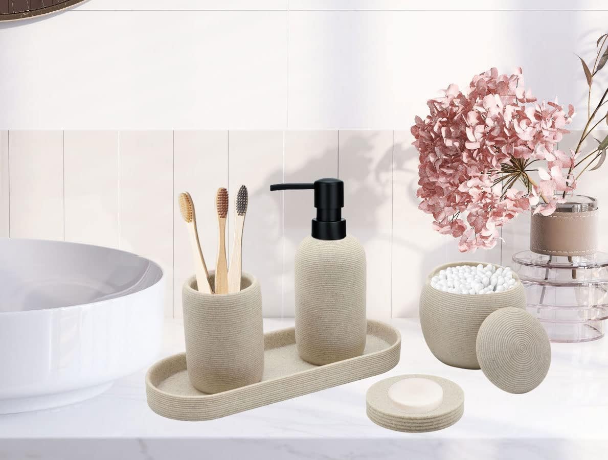 Beige Resin Bathroom Accessory Set, 5 Pcs Bathroom Accessories Set with Lotion Dispenser,Soap Dish,Toothbrush Holder,Vanity Tray,Qtip Holder Dispenser, Modern Bathroom Decor and Housewarming Gift Set
